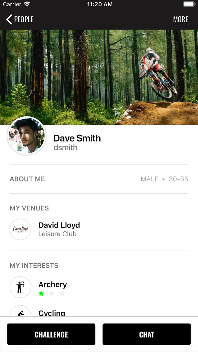 SportBuddy: a member profile, with their venues and interests